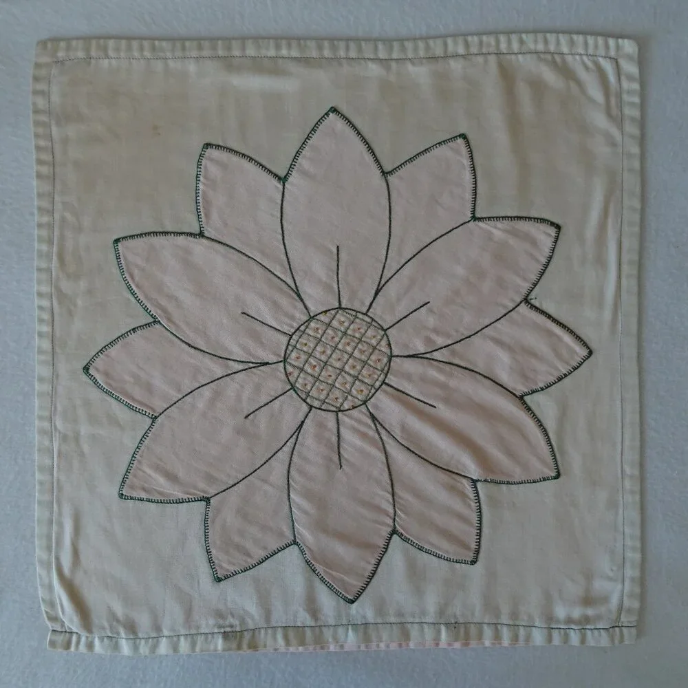 Vintage Floral Throw Pillow Cover Handstitched Pink Beige Flowers Boho